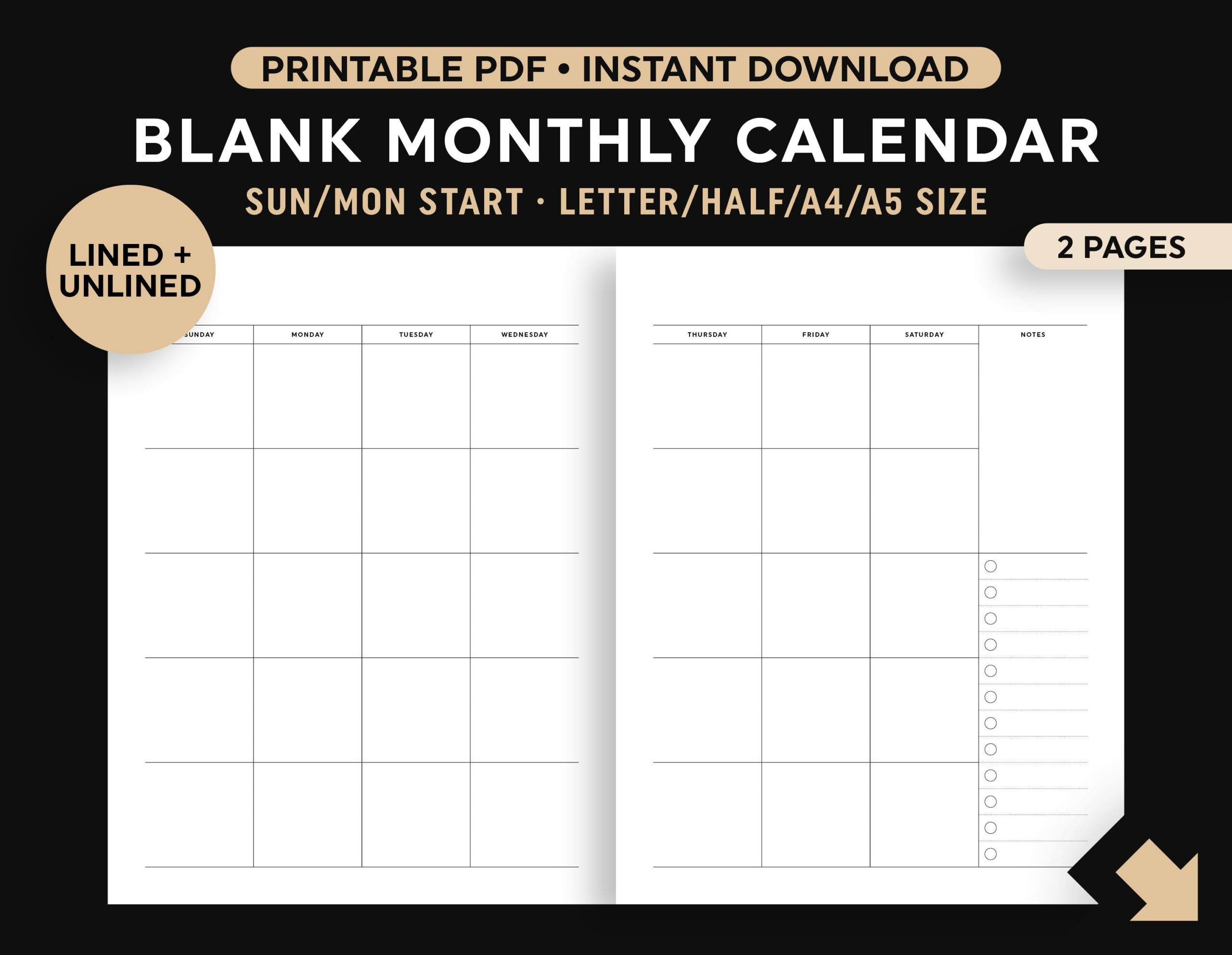 2 Page Blank Monthly Calendar Printable, Two Page Month Calendar for 2 Page Calendar Printable