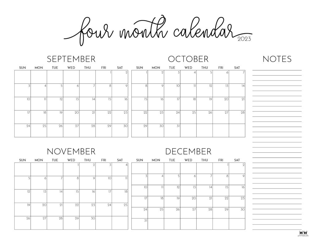 2023 Four Month Calendars - 18 Free Printables | Printabulls for 4 Month Blank Calendar Printable