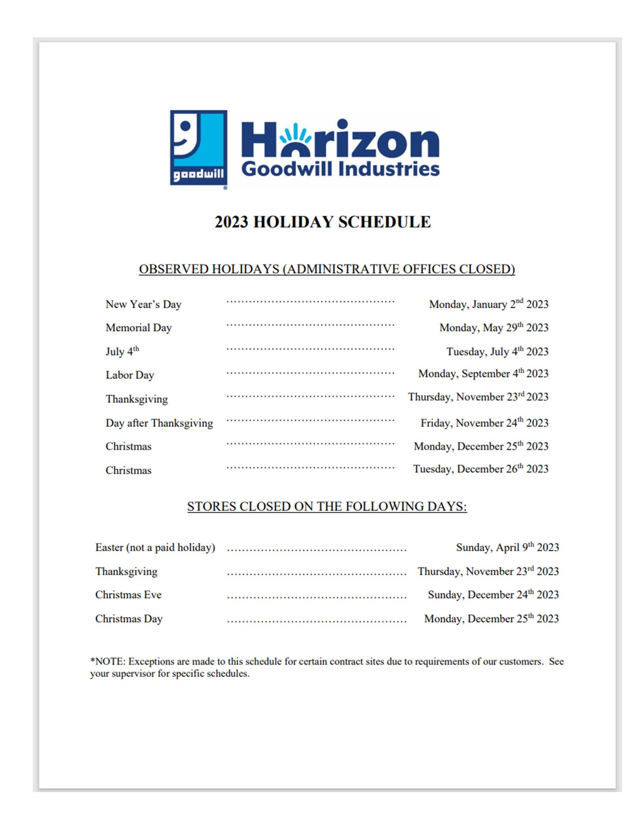 2023 Holiday Schedule And Payroll Calendar - Horizon Goodwill pertaining to Goodwill Sales Calendar Indiana 2025 Printable