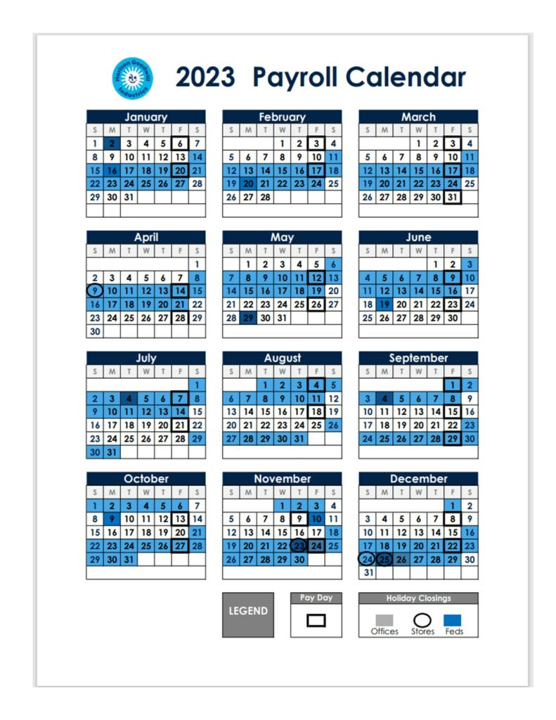 2023 Holiday Schedule And Payroll Calendar - Horizon Goodwill with Goodwill Sales Calendar Indiana 2025 Printable