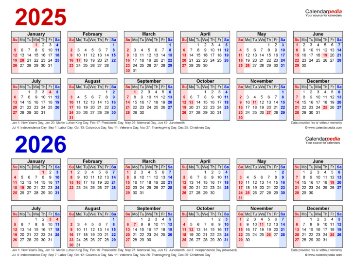 2025 and 2026 Yearly Calendar Printable