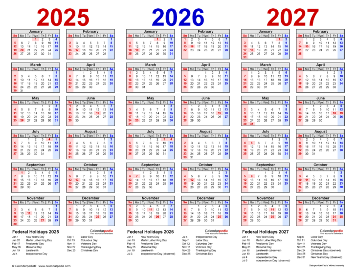 Printable 3 Year Calendar 2025