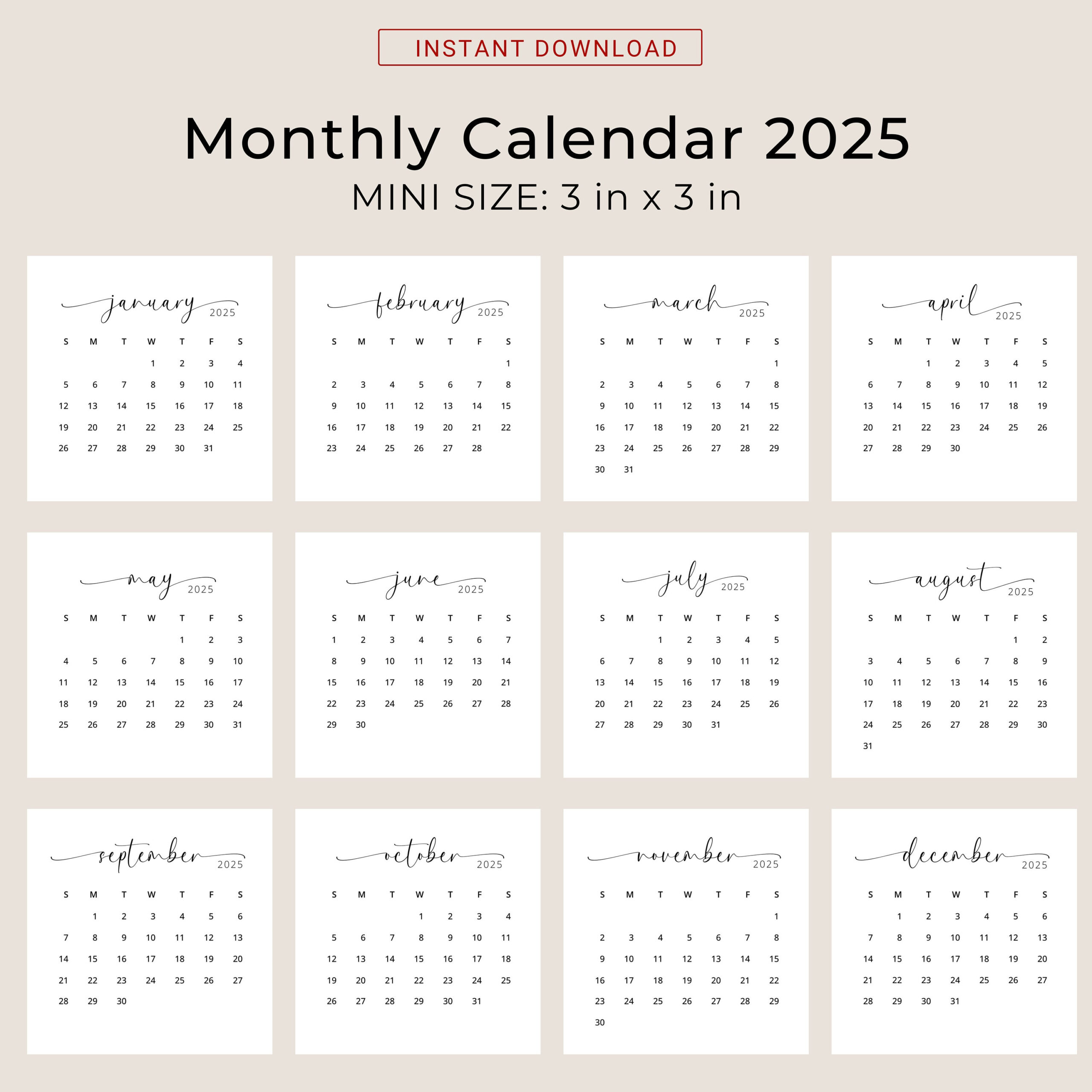 2025 3X3 Mini Calendar 2025 Calendar Card 2025 Pocket Calendar Elegant Printable Calendar Mini 3X3 Inch Calendar Pdf Sunday &amp;amp; Monday Start with regard to 2025 Wallet Calendar Printable