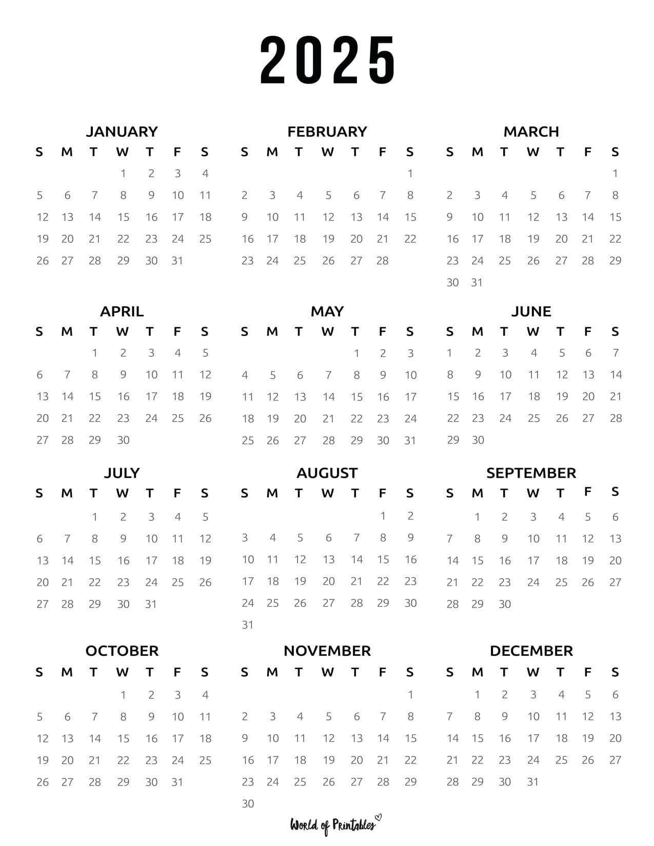 2025 Calendar Free with Black And White Printable Calendar 2025