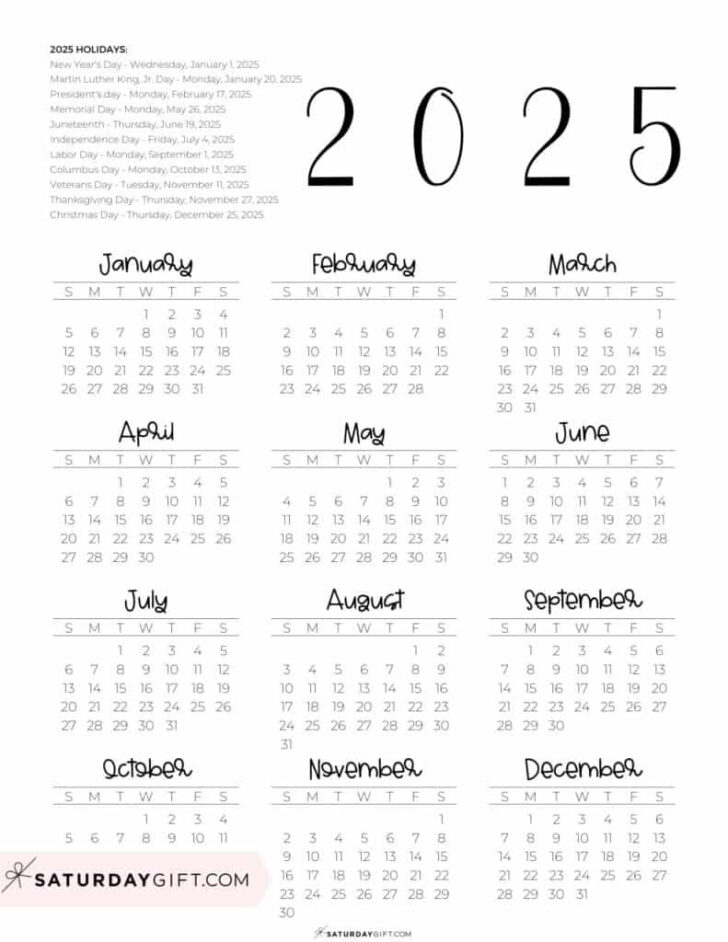 Printable 2025 Year Calendar