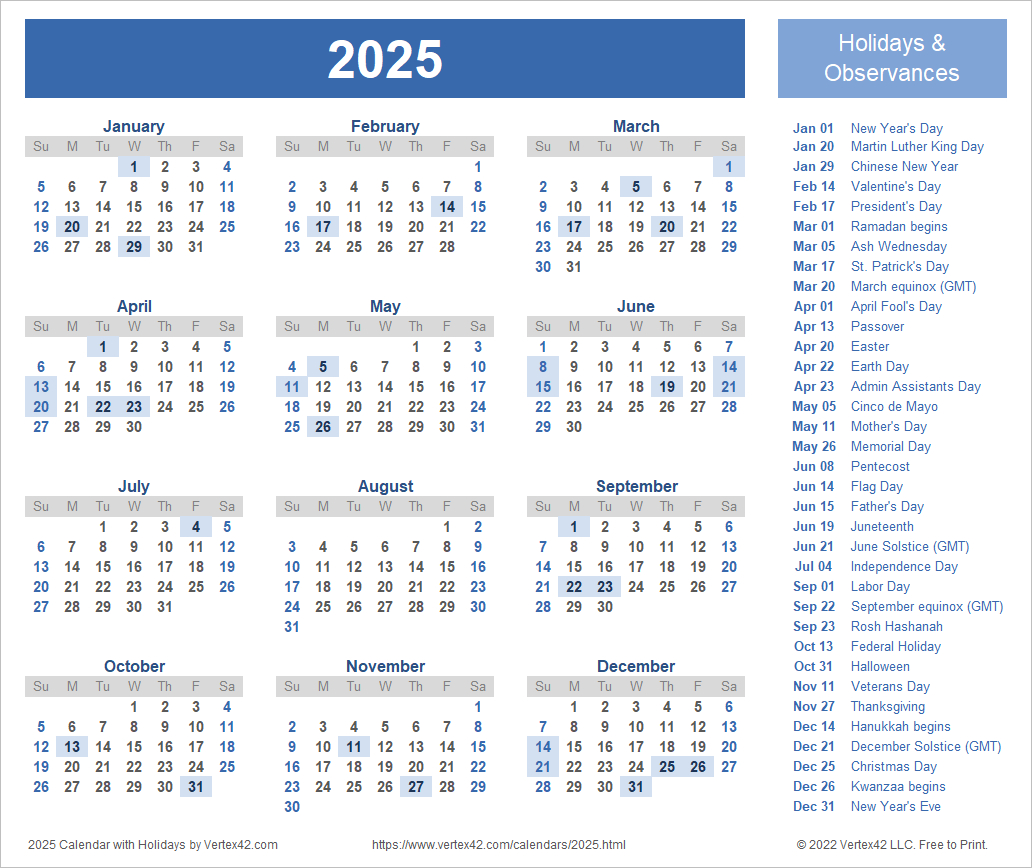 2025 Calendar Templates And Images for Printable 2025 Calendar with Holidays