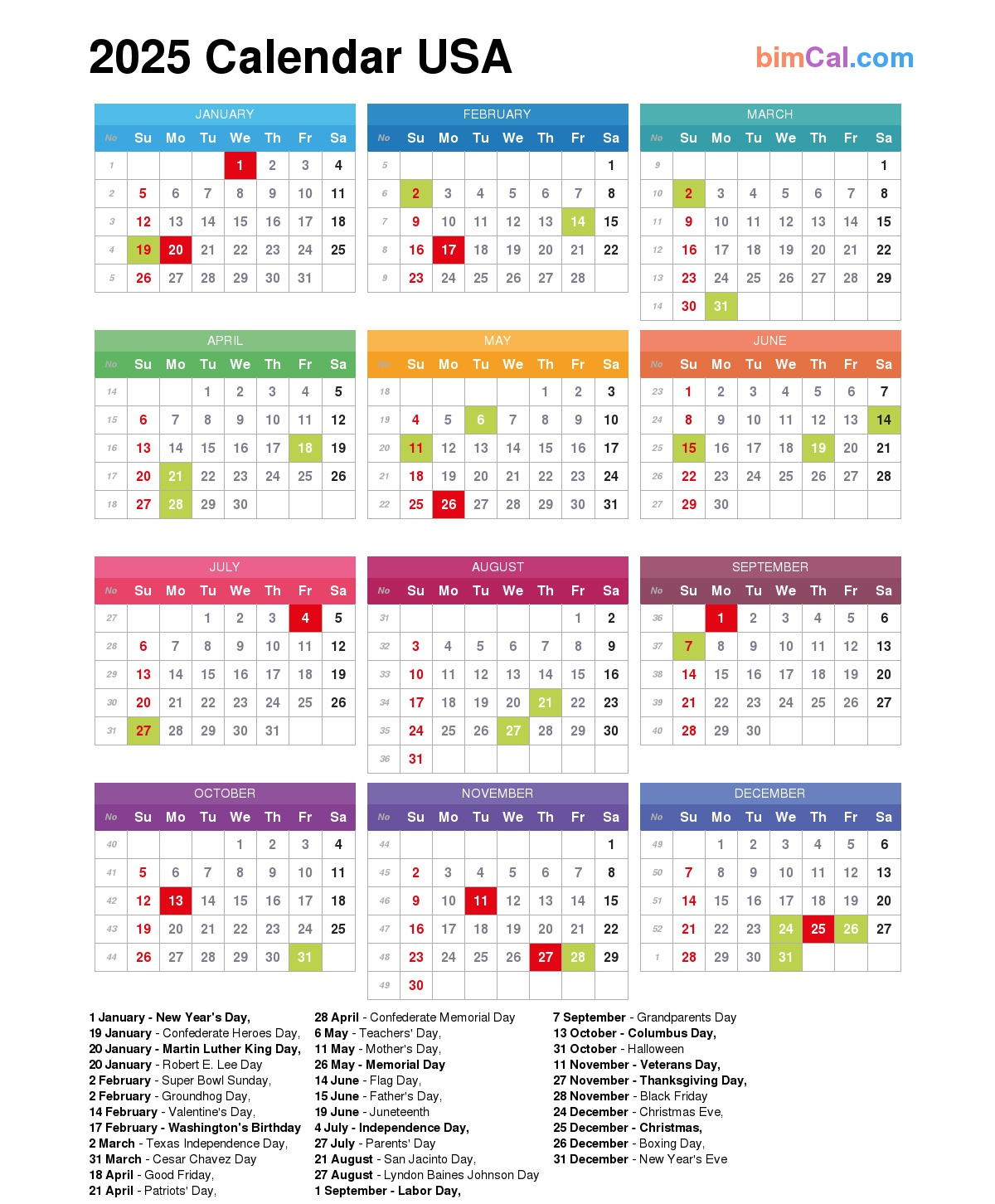 2025 Calendar Usa - Bimcal regarding 2025 Calendar USA Printable