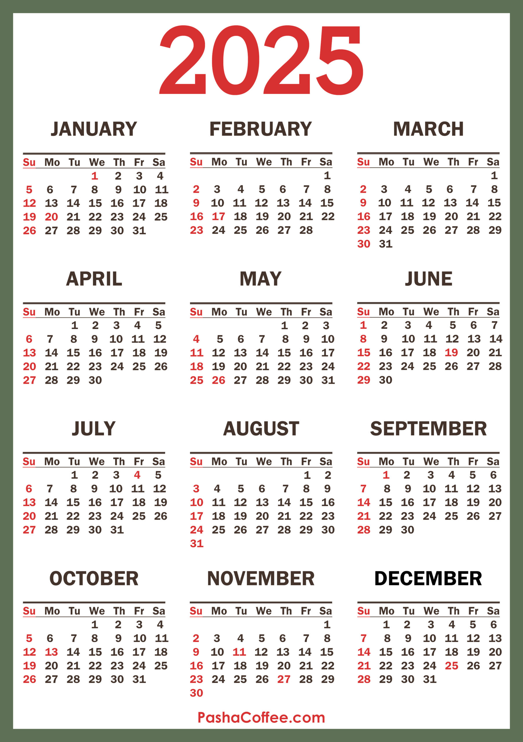 2025 Calendar With Holidays, Printable Free, Vertical, Green regarding Free Printable 2025 Calendar With Holidays Free Download