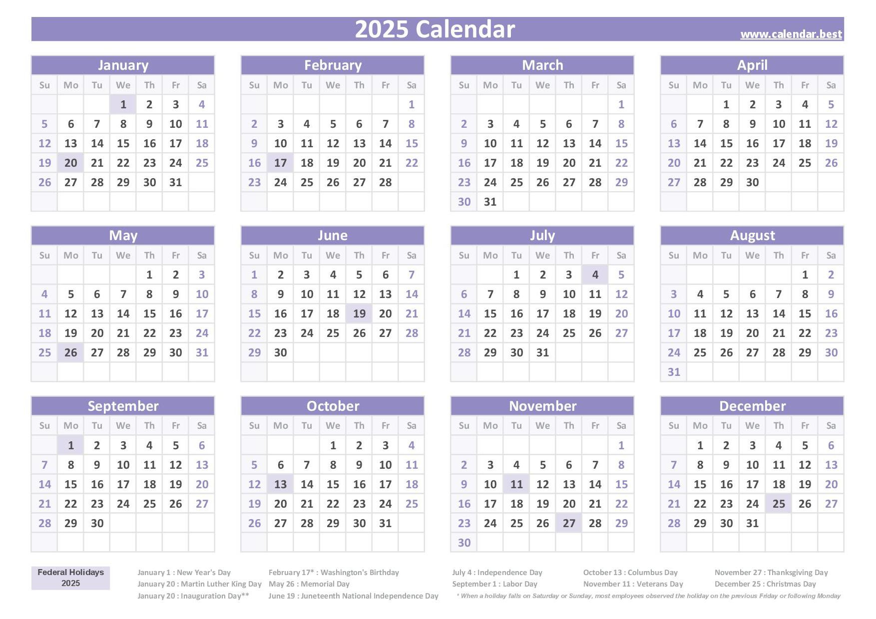 2025 Calendar With Holidays (Us Federal Holidays) inside 12 Month Free Printable 2025 Calendar With Holidays