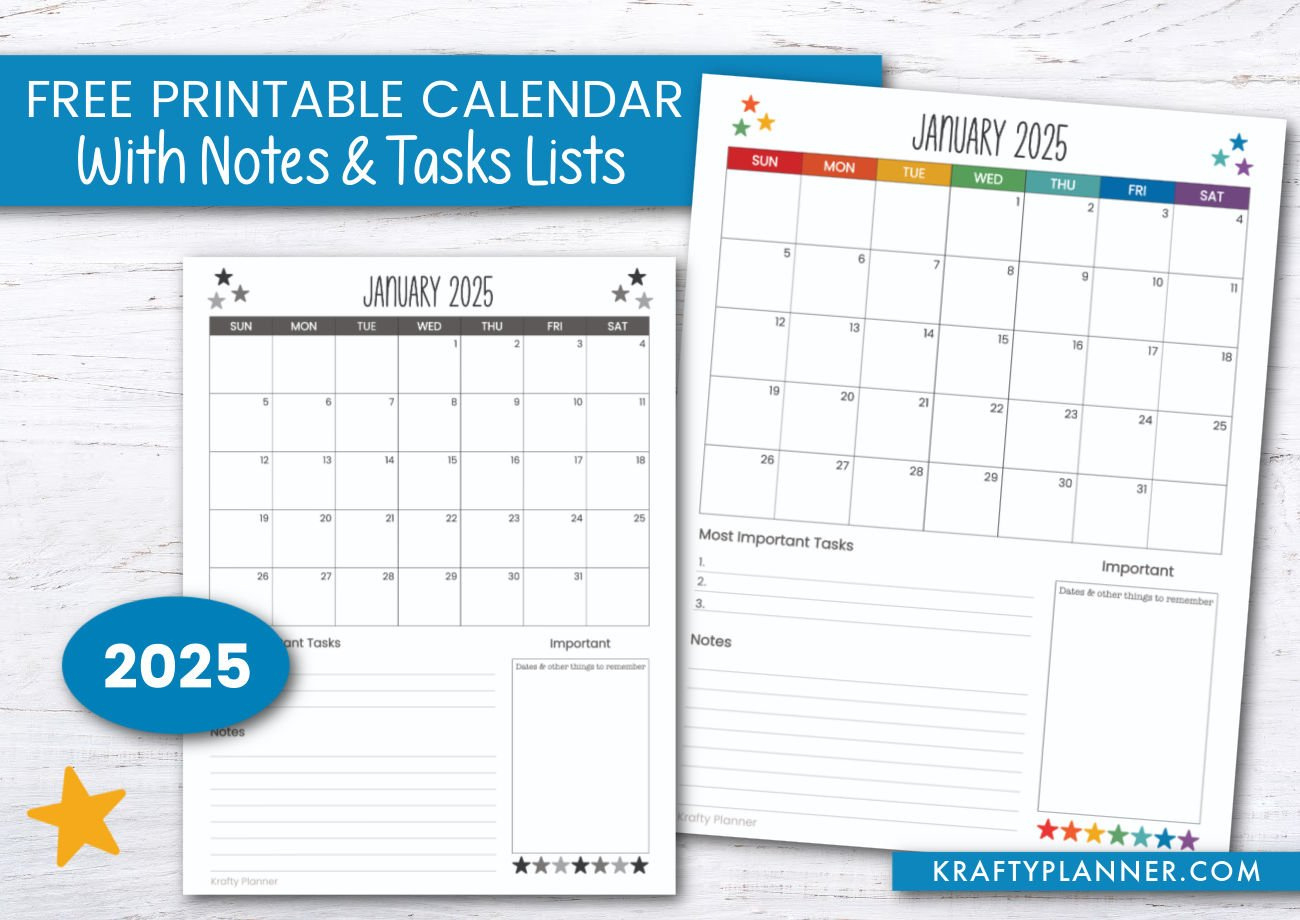 2025 Calendar With Notes And Task Lists — Krafty Planner regarding Budget Calendar 2025 Printable Free