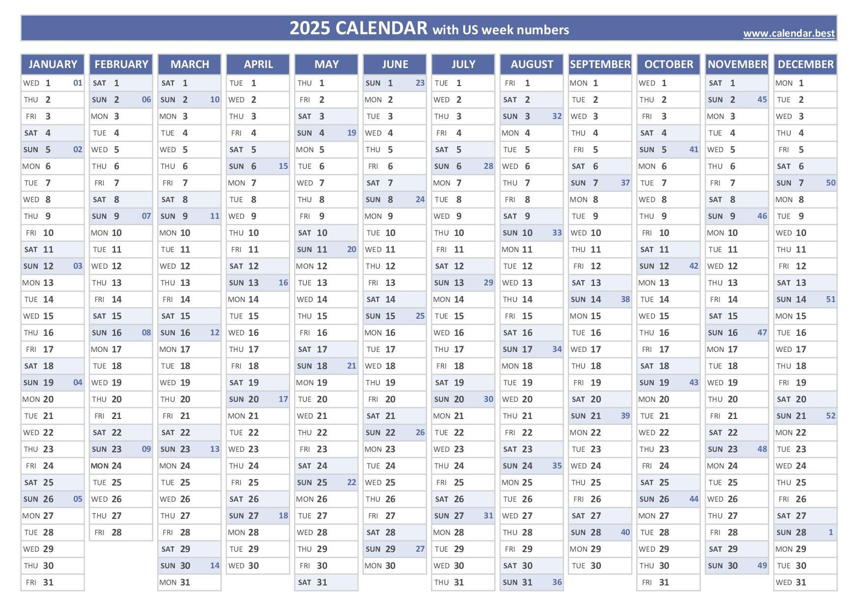 2025 Calendar With Week Numbers (Us And Iso Week Numbers) inside Printable Calendar 2025 By Week