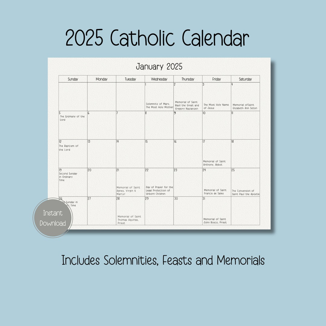 2025 Catholic Calendar, Printable Catholic Calendar, Feasts for Catholic Calendar 2025 Printable