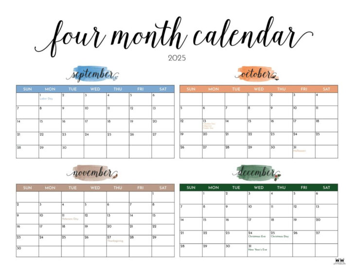 4 Month Calendar Printable 2025