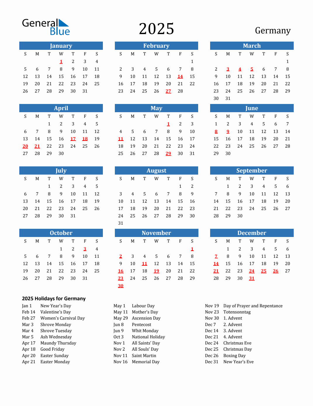 2025 Germany Calendar With Holidays for Printable Calendar For 2025 With Holidays