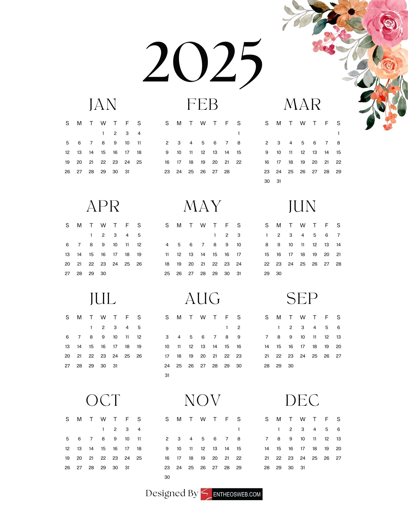 2025 Pdf Calendars – Free Downloads | Entheosweb pertaining to 2025 Calendar Printable Flowers