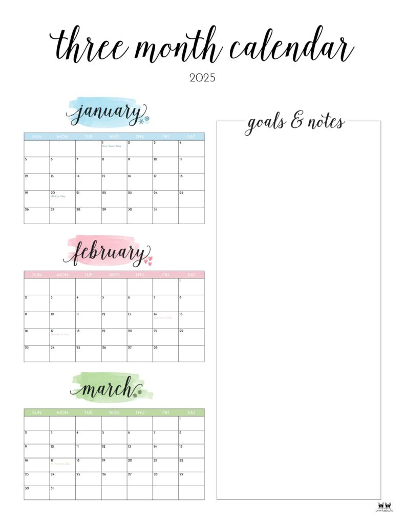 2025 Three Month/Quarterly Calendars - 36 Free Cals | Printabulls with regard to Free Printable Three Month Calendar 2025