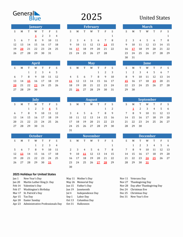 Printable 2025 Yearly Calendar with Holidays