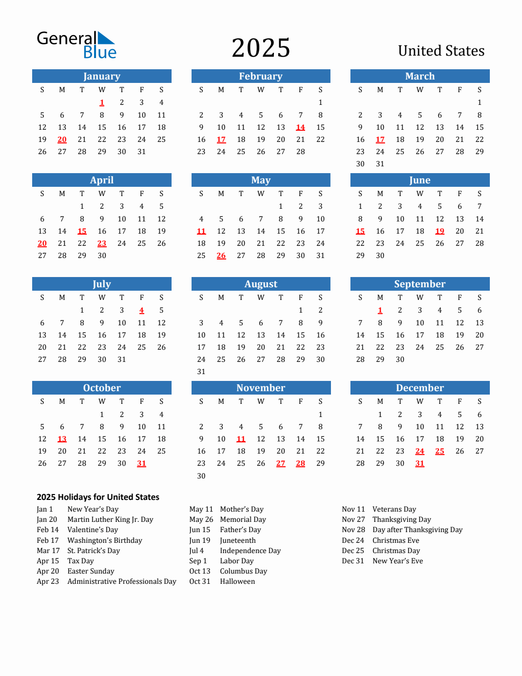 2025 United States Calendar With Holidays for Printable 2025 Yearly Calendar with Holidays