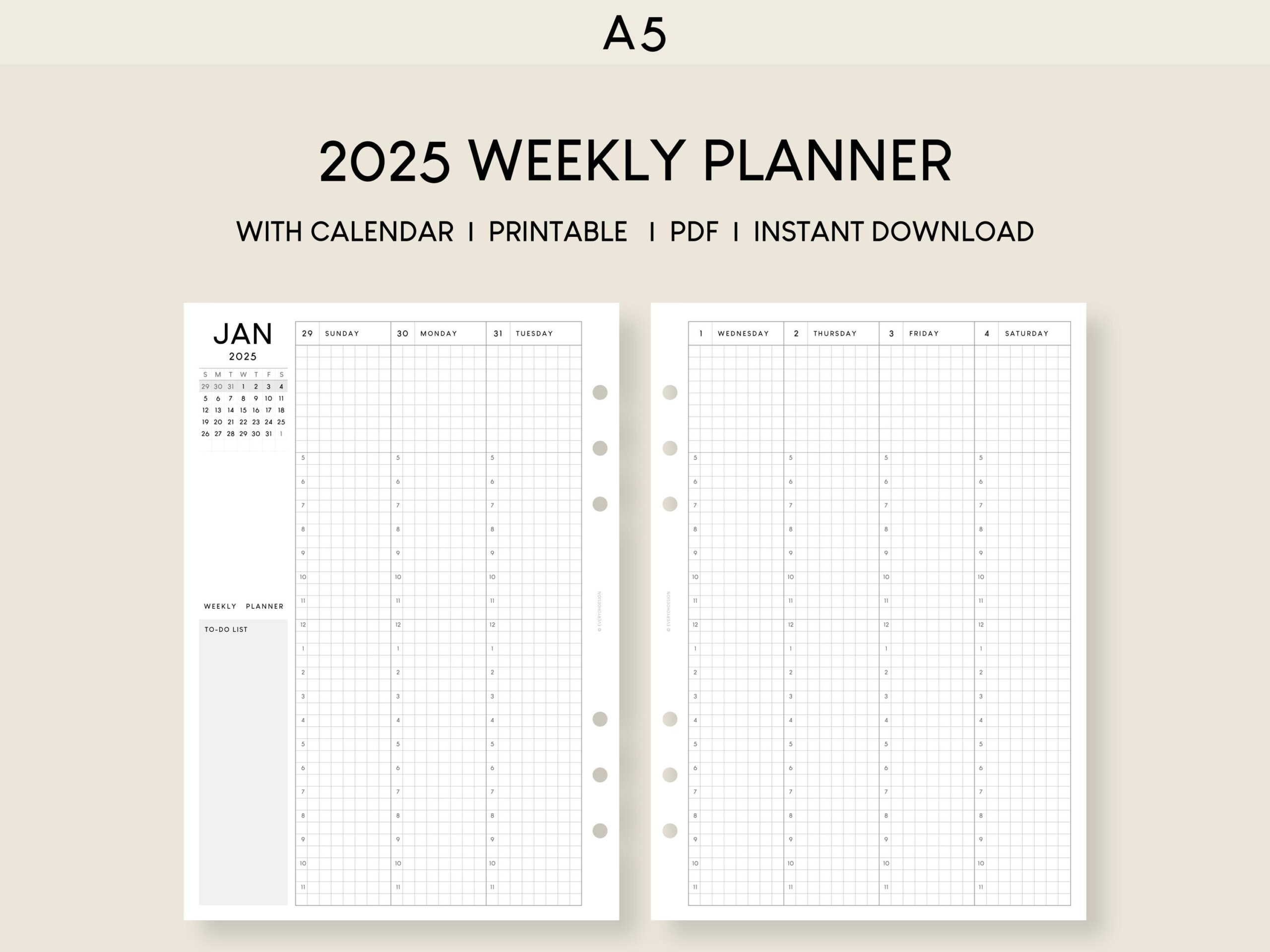 2025 Weekly Planner With Calendar Printable Inserts 52 Week Hourly with Hourly Weekly Calendar 2025 Printable