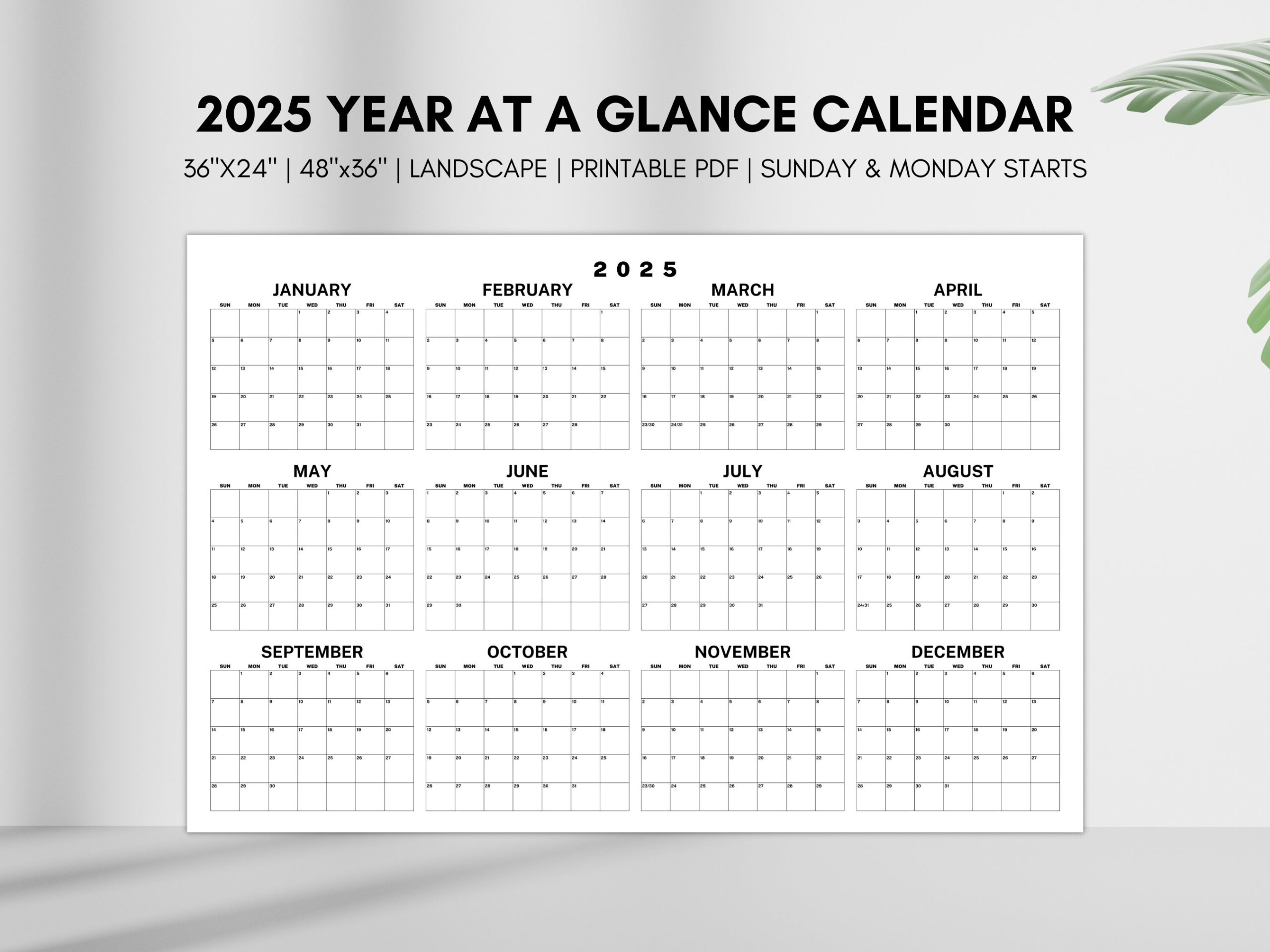 2025 Year At A Glance Calendar, Large Horizontal 2025 Calendar with 2025 Calendar Printable With Space To Write