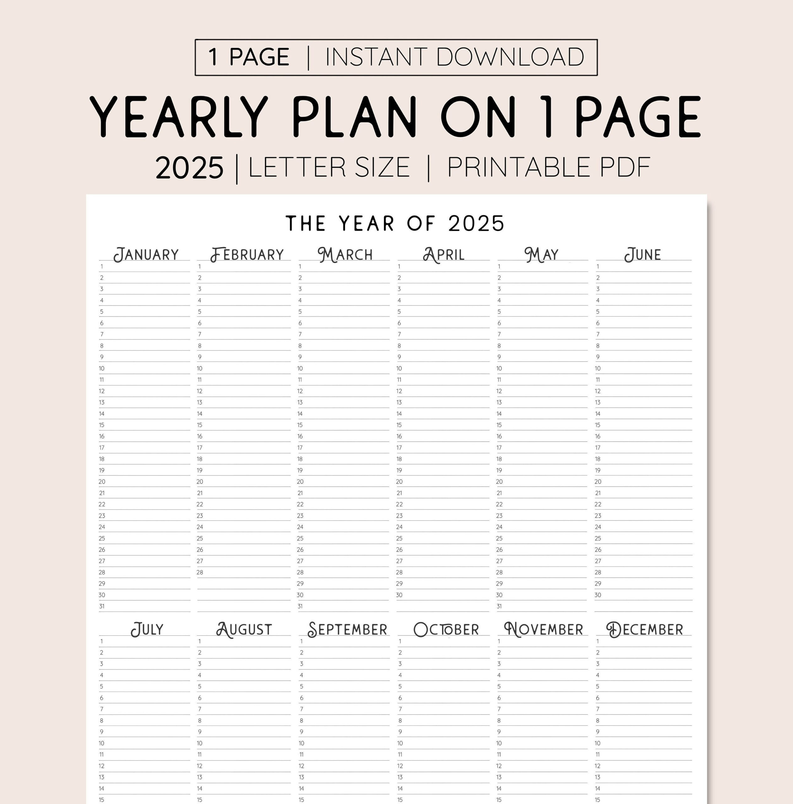 2025 Year At A Glance, Instant Download, Yearly Overview intended for Printable Calendar 2025 Weekly Planner