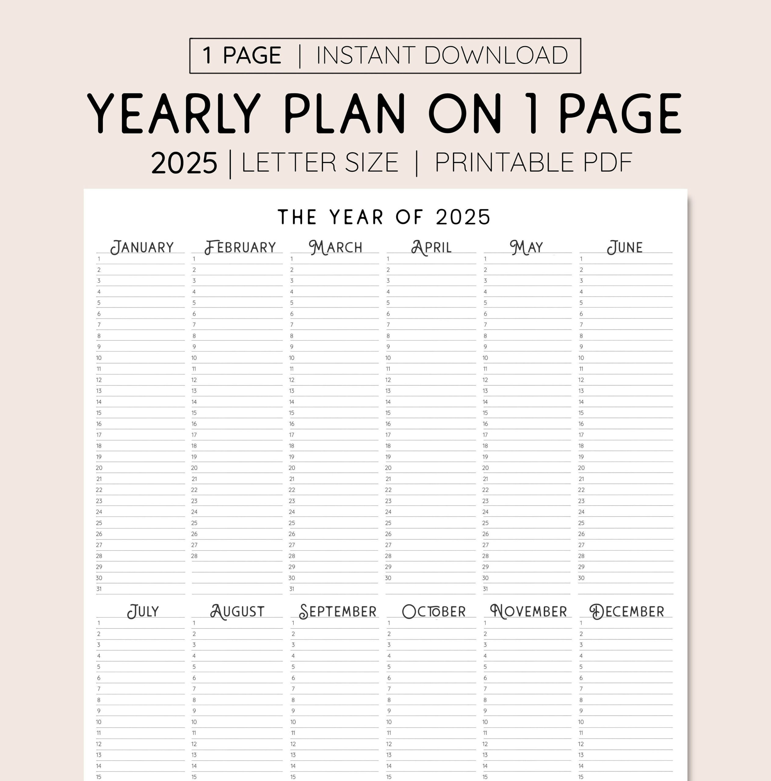 2025 Year At A Glance, Instant Download, Yearly Overview within Month at Glance Calendar 2025 Printable