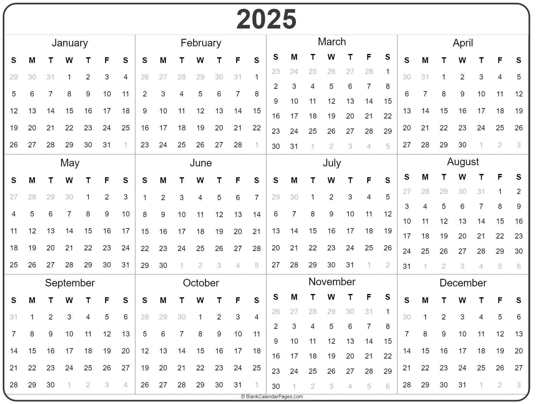 2025 Year Calendar | Yearly Printable for 12 Month Free Printable Calendar 2025