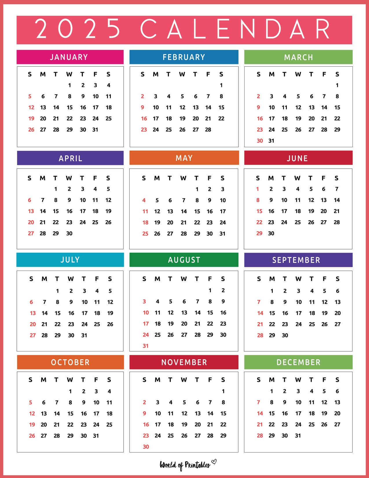 2025 Year Calendars - 70 Best Printables - World Of Printables for 2025 Printable 1 Page Calendar