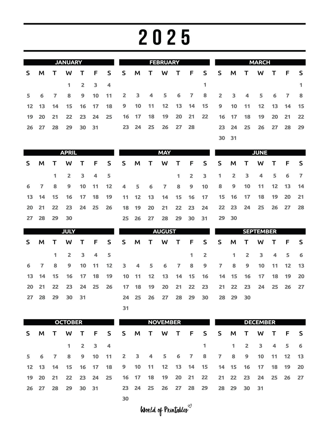 2025 Year Calendars - 70 Best Printables - World Of Printables for Black and White Printable Calendar 2025