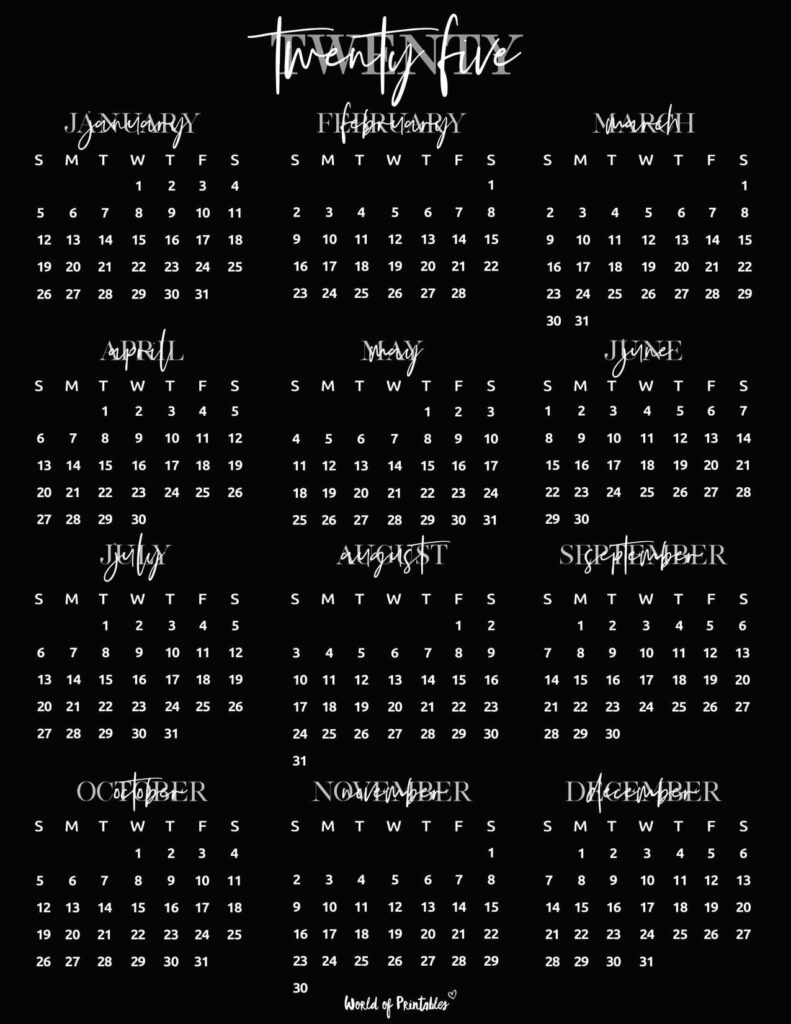 2025 Year Calendars - 70 Best Printables - World Of Printables in Black And White Printable Calendar 2025