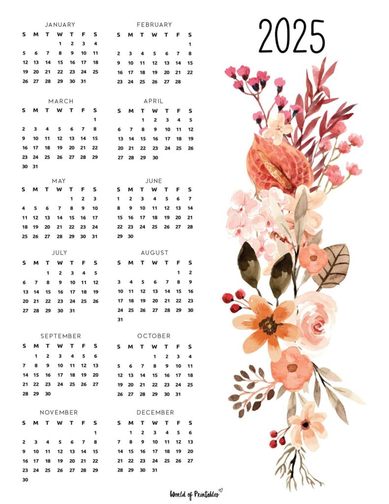 2025 Year Calendars - 70 Best Printables - World Of Printables with 2025 Calendar Printable Flowers