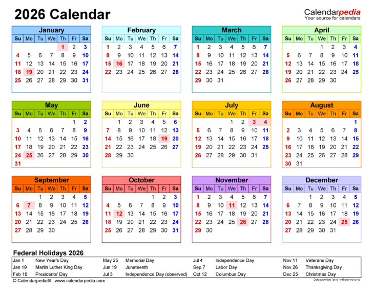 Calendar 2026 with Holidays Printable