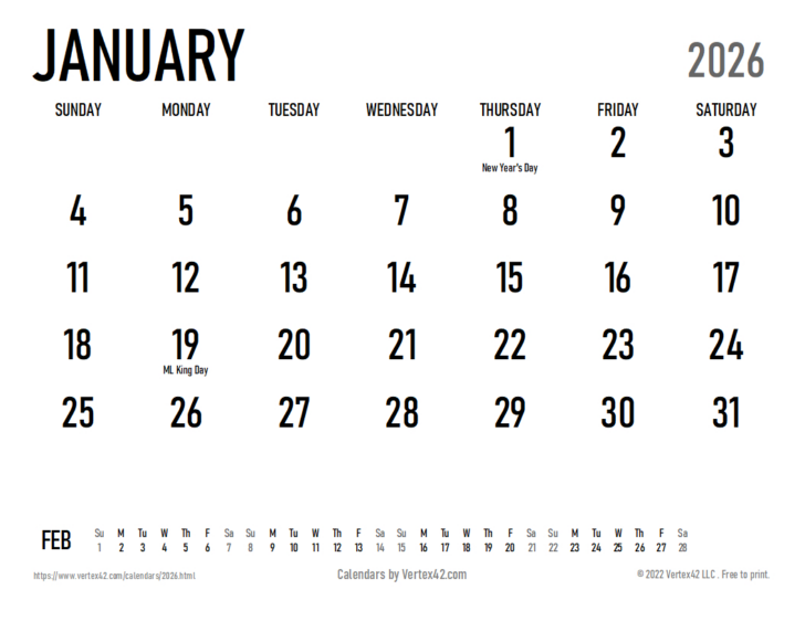 2026 Printable Calendar by Month