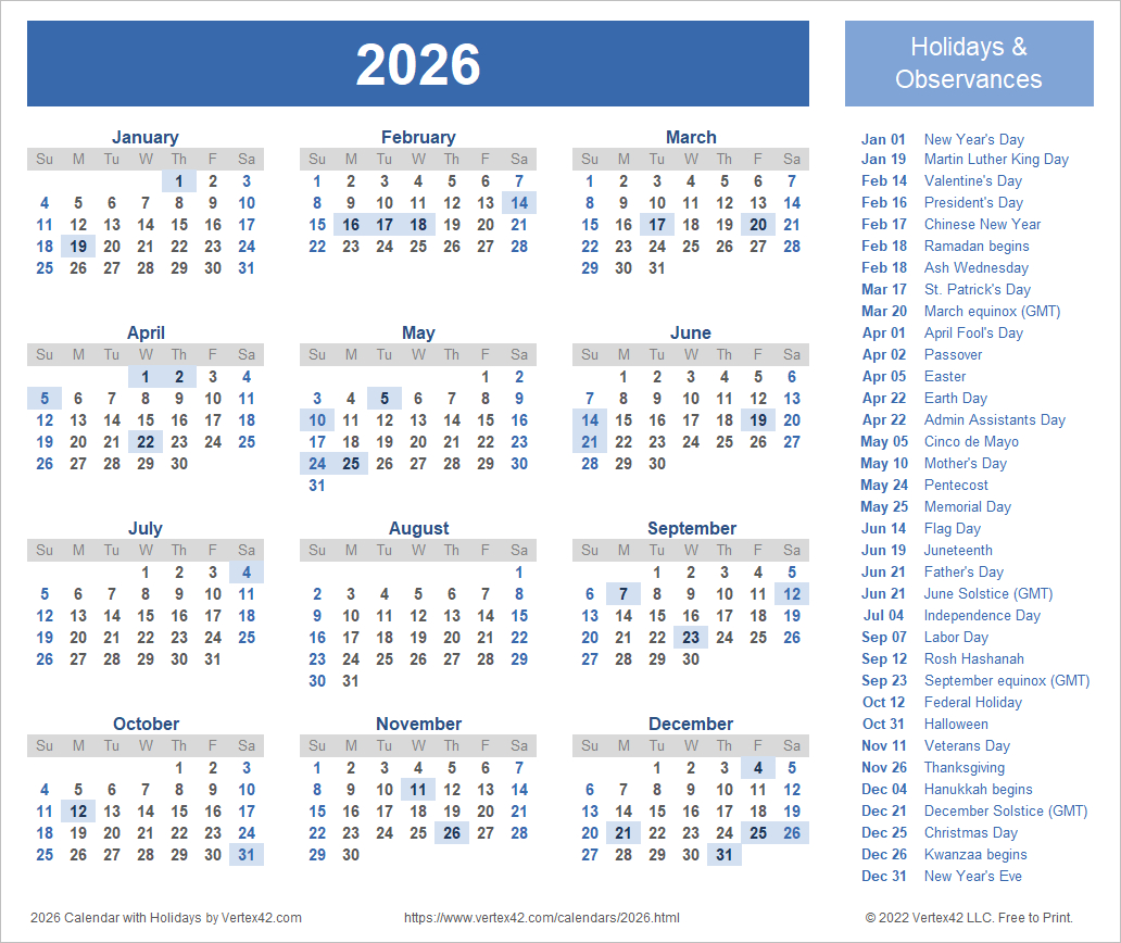 2026 Calendar Templates And Images throughout Printable 2026 Calendar with Holidays