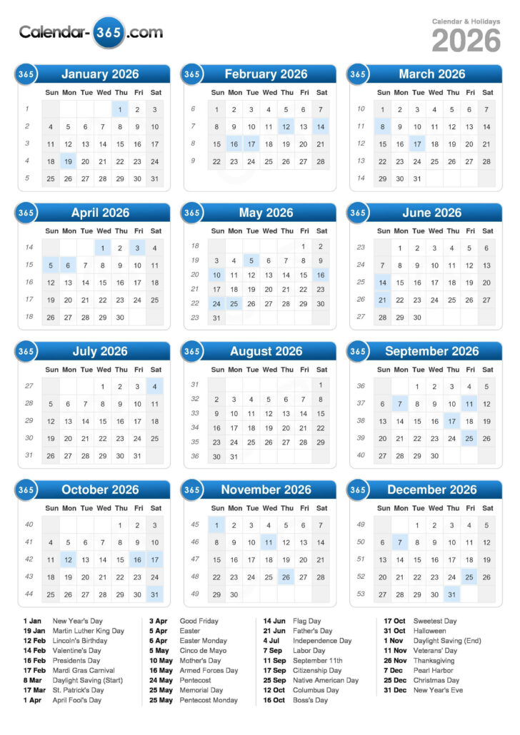 Printable 2026 Calendar with Holidays