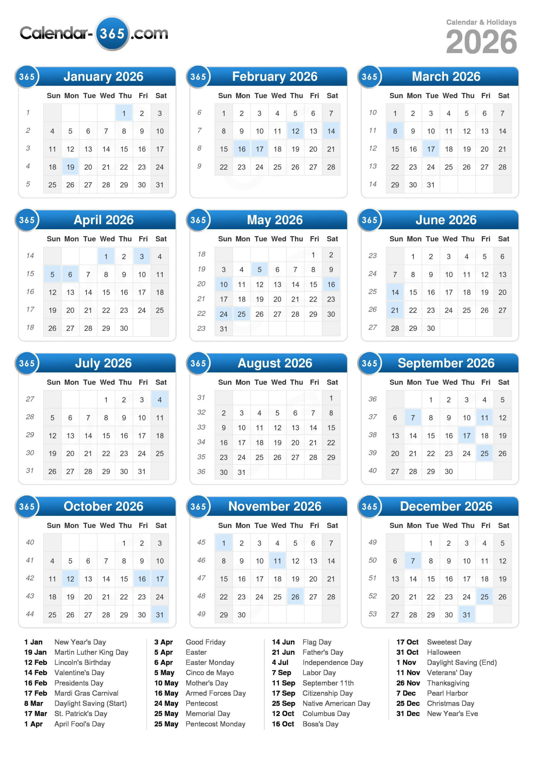 2026 Calendar throughout Printable 2026 Calendar with Holidays