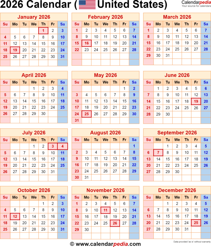 2026 Us Calendar with Holidays Printable