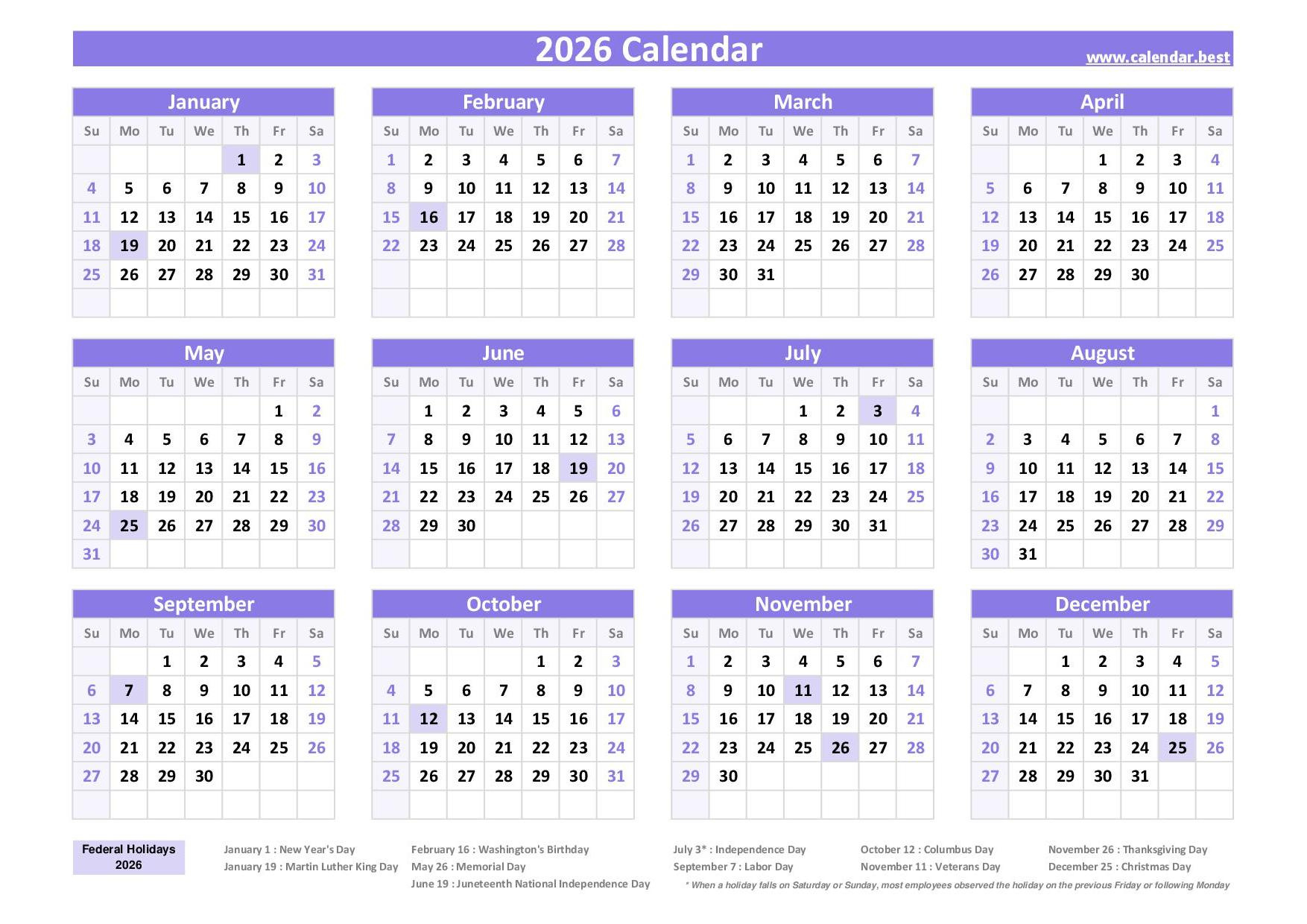 2026 Calendar With Holidays (Us Federal Holidays) intended for Printable 2026 Calendar with Holidays