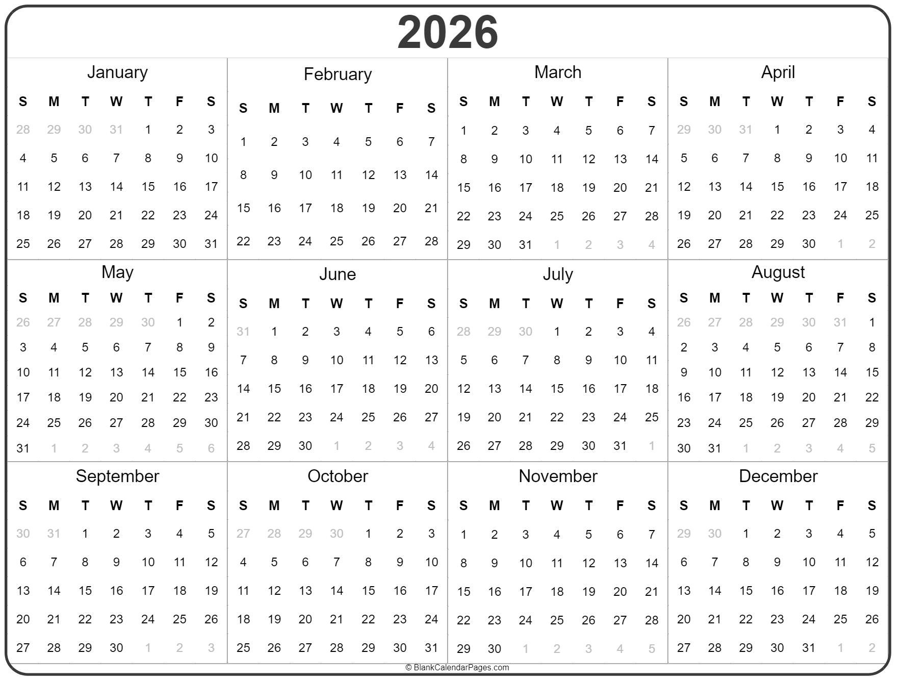 2026 Year Calendar | Yearly Printable throughout 2026 Yearly Calendar Printable One Page