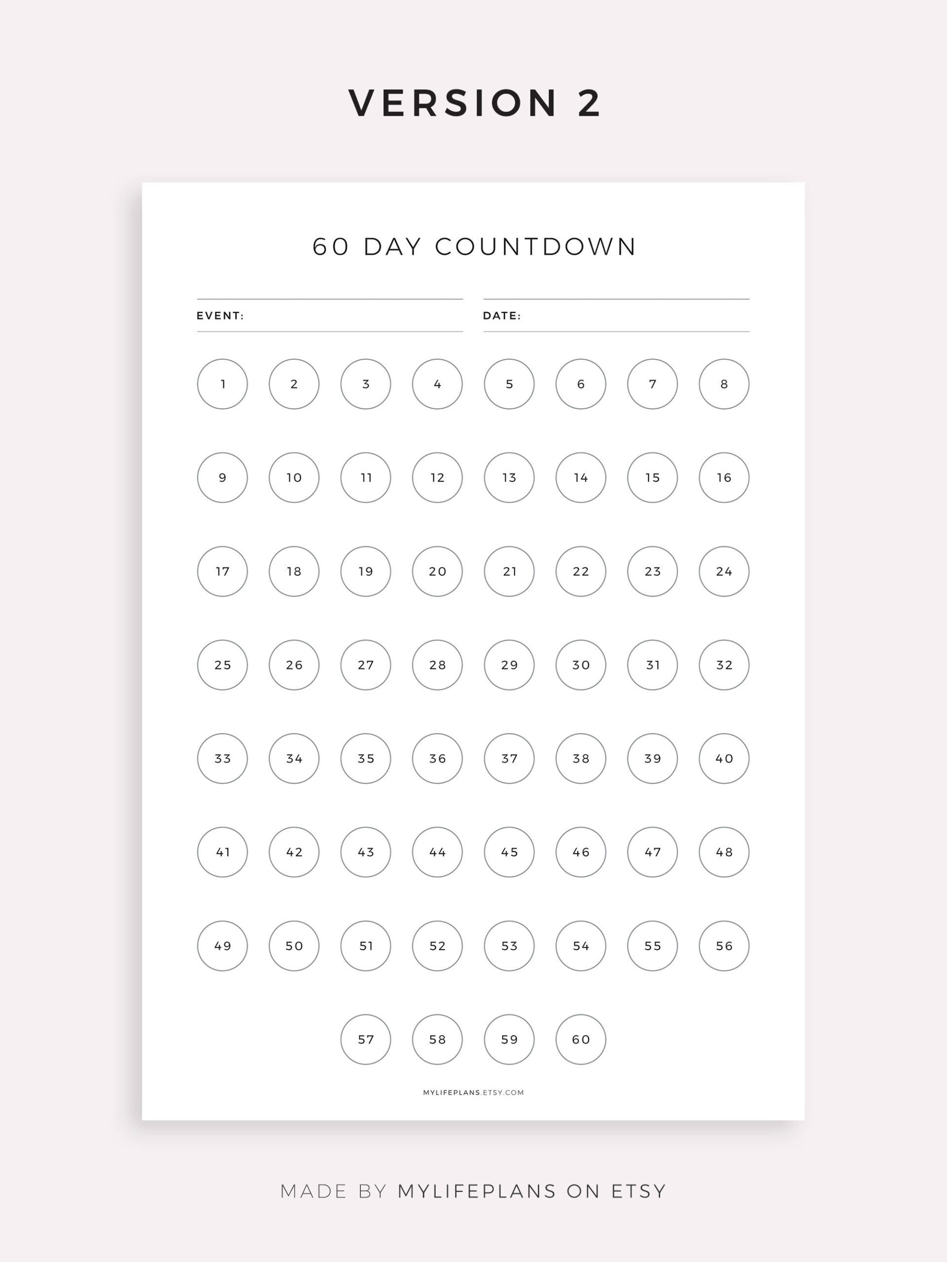 30, 60, 100 Day Countdown Tracker To Vacation, Birthday, Wedding inside 60 Day Countdown Calendar Printable