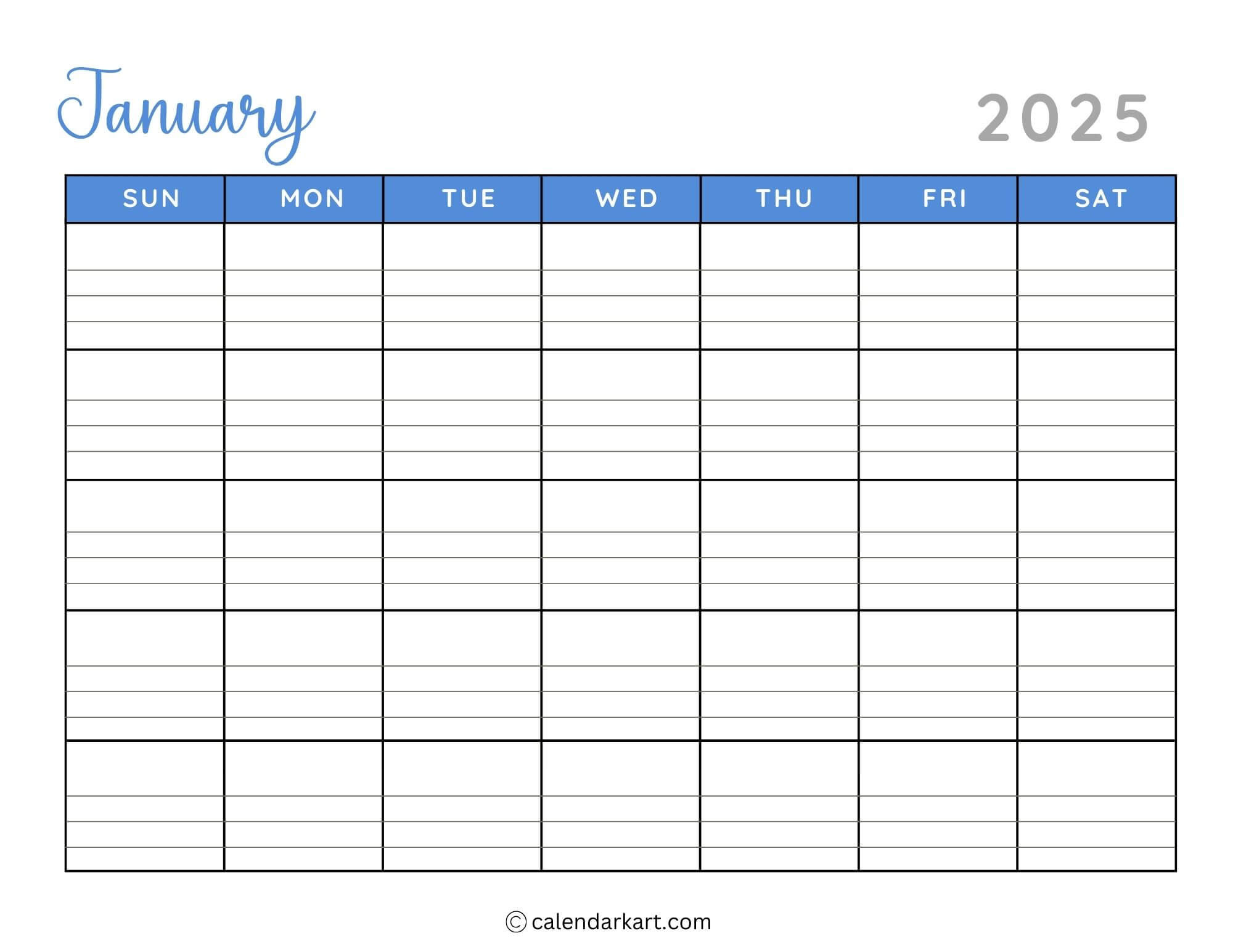 40+ Printable January 2025 Calendars | Free Pdf - Calendarkart in 2025 Calendar Printable with Lines