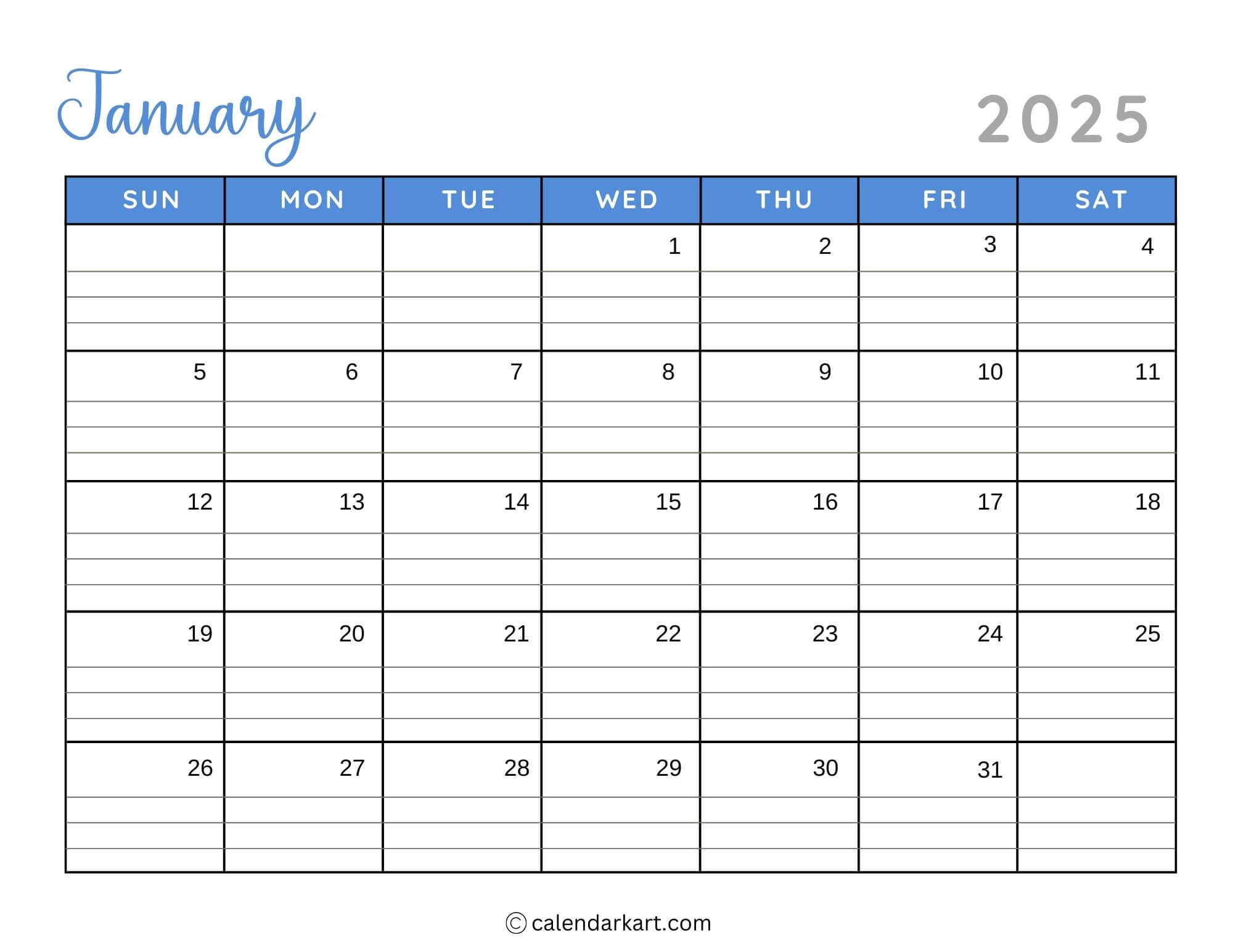 40+ Printable January 2025 Calendars | Free Pdf - Calendarkart regarding Free Printable Calendar with Lines 2025