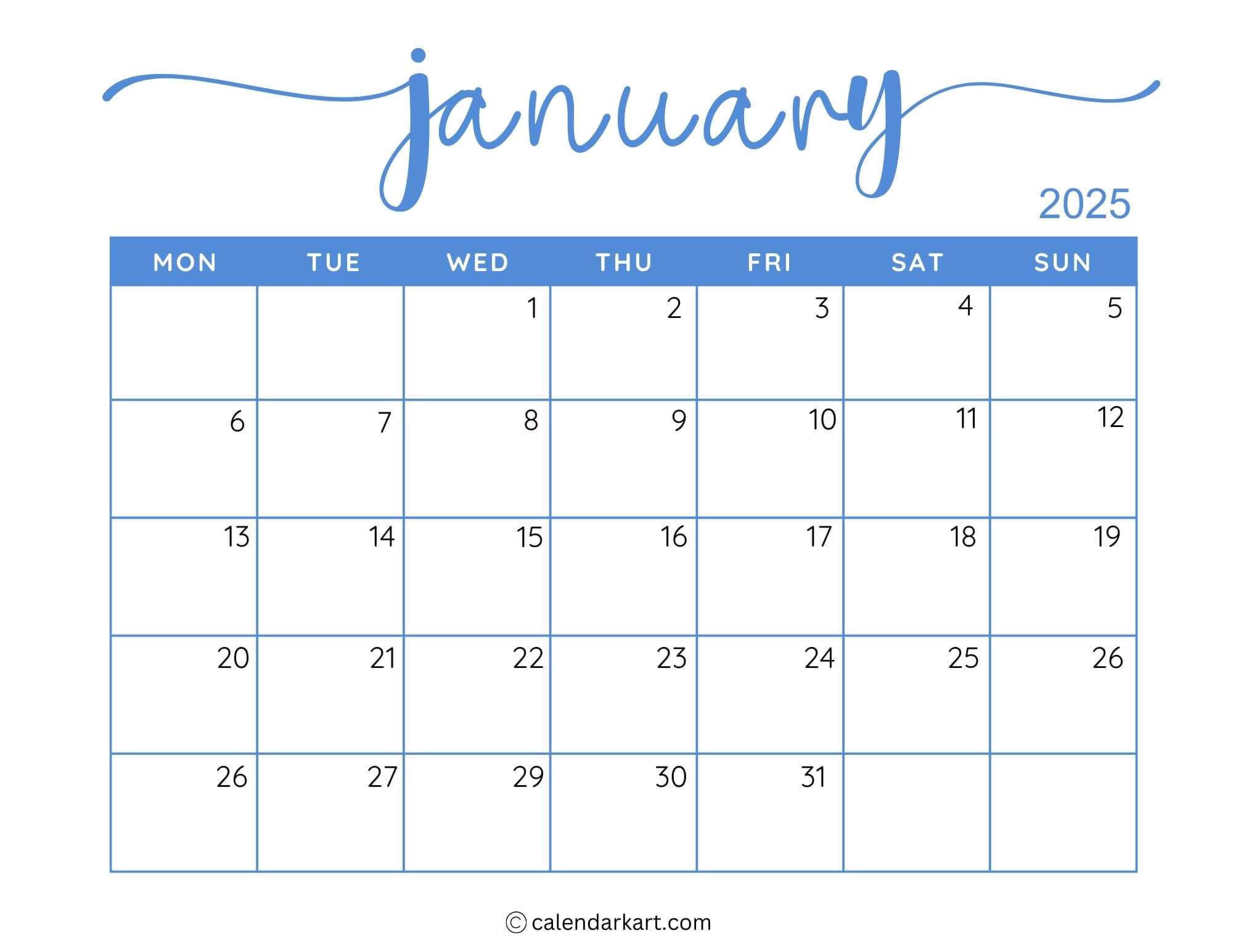 40+ Printable January 2025 Calendars | Free Pdf - Calendarkart within 2025 Jan Calendar Printable