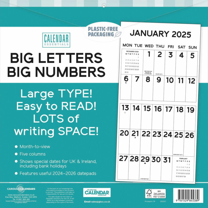 Big Number Calendar 2025 Printable