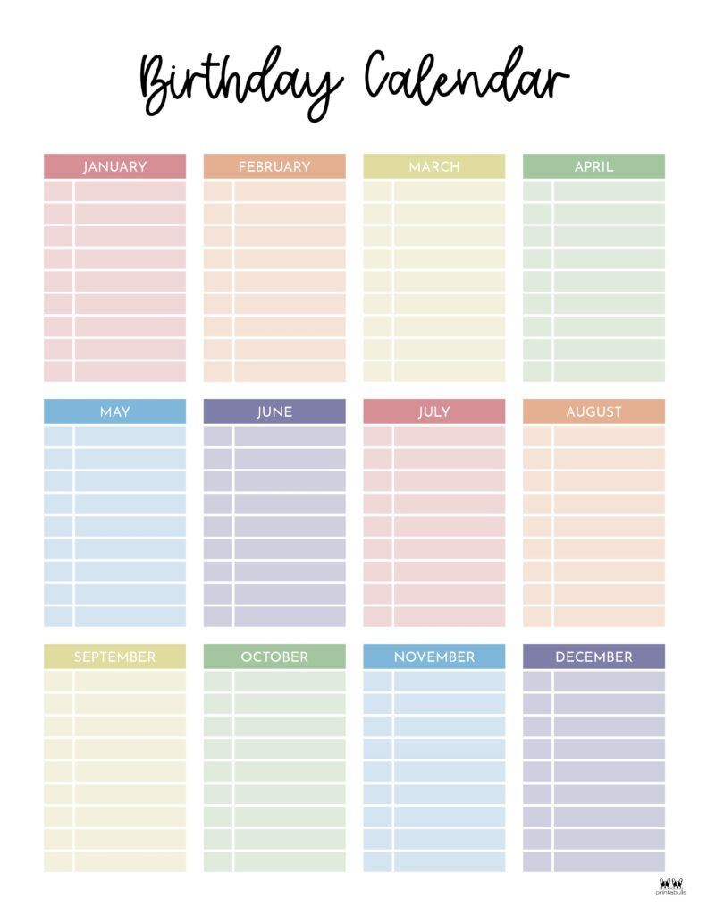 Birthday Calendars &amp;amp; Trackers - 20 Free Printables | Printabulls in Printable Birthday Calendar 2025 Template