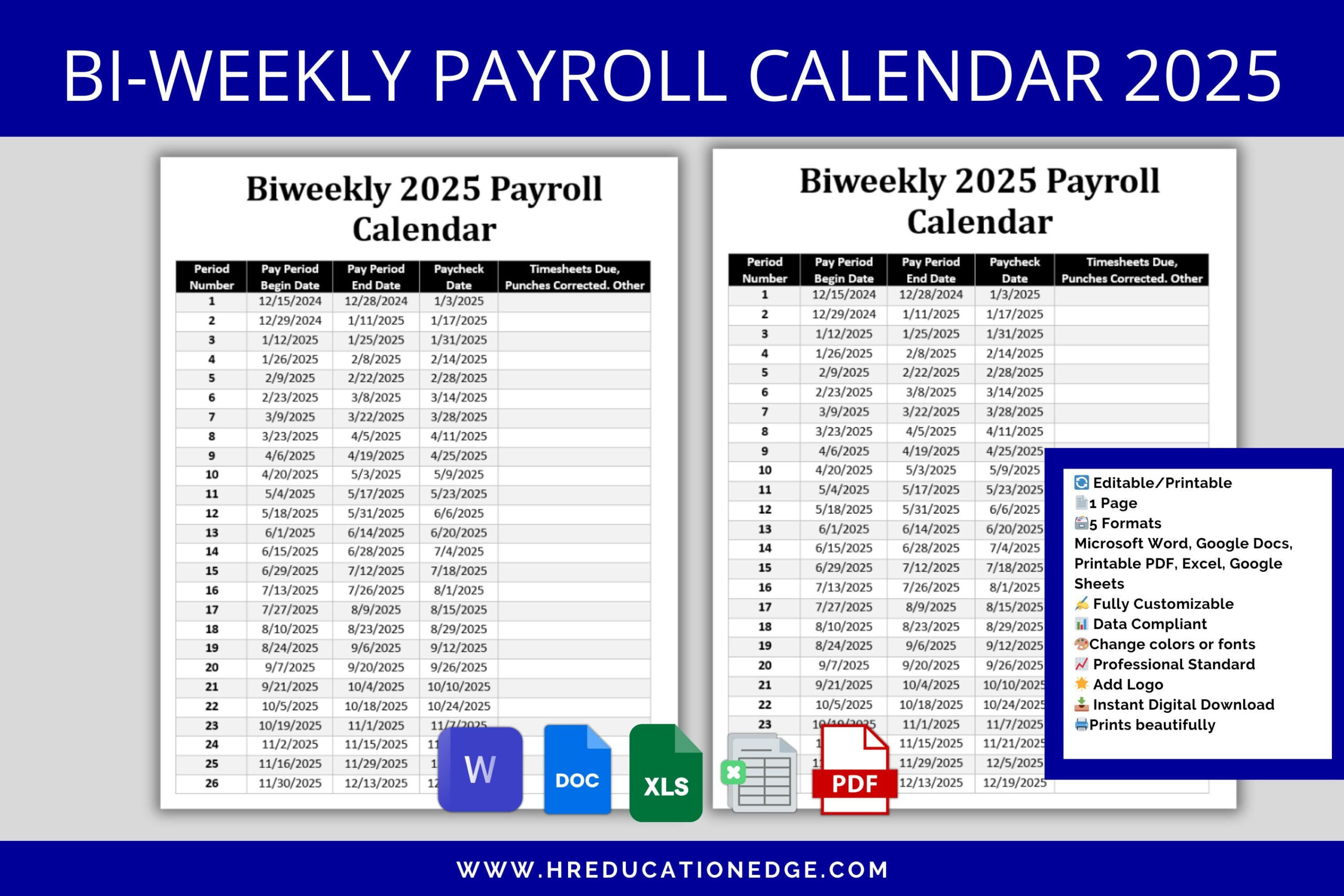 Biweekly Payroll Calendar 2025 Ms Editable Word, Excel Pay Period throughout Bi Weekly Calendar 2025 Printable