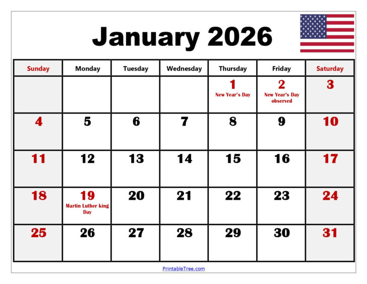 January 2026 Calendar Free Printable