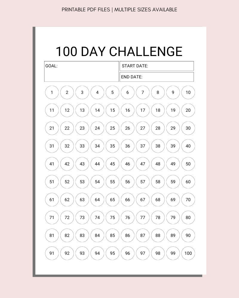 Buy 100 Day Challenge Printable Planner, Countdown Calendar intended for Free Printable Printable 100 Day Challenge Calendar 2025