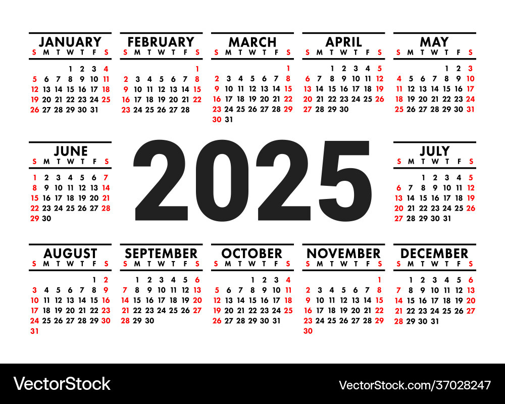 Calendar 2025 English Horizontal Wall Or Pocket Vector Image with regard to 2025 Wallet Calendar Printable