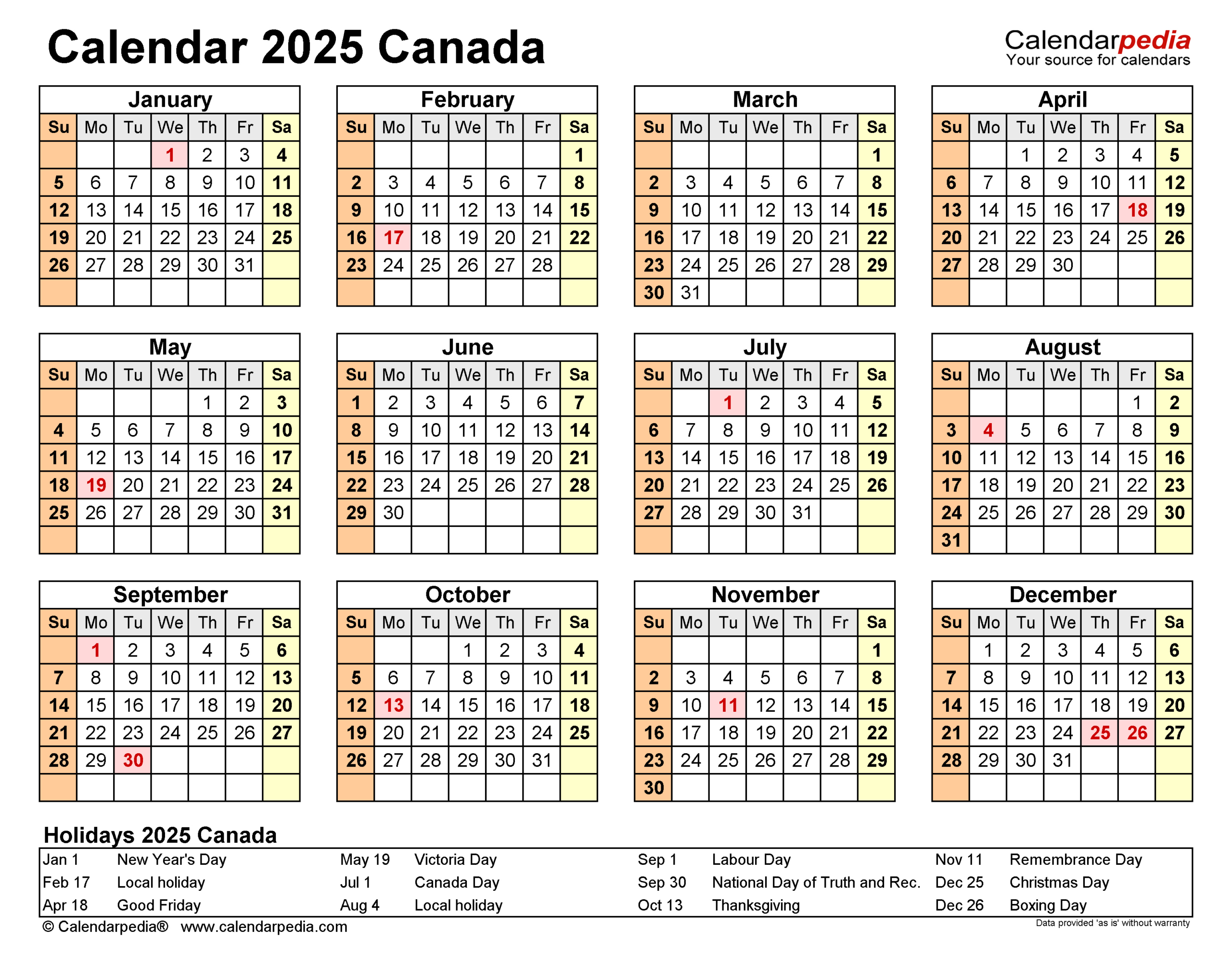 Canada Calendar 2025 - Free Printable Pdf Templates for 2025 Calendar Canada Printable